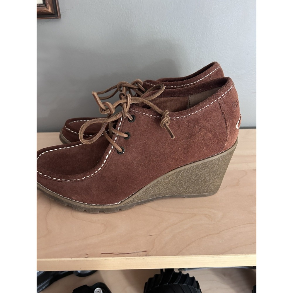 SPERRY Stella Keel Brown Suede Leather Lace-up Bootie Wedge‎ Heel Shoes Size 9.5 - Picture 2 of 9